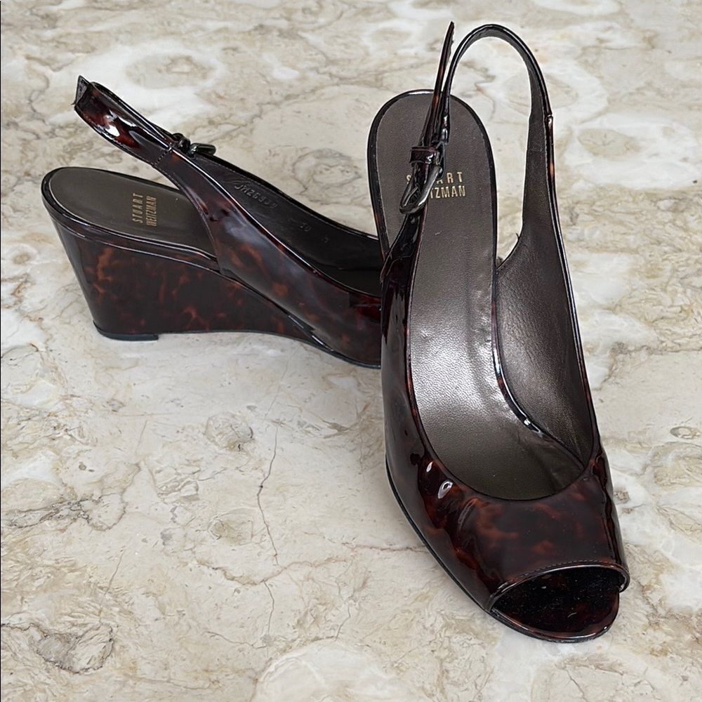 Stuart Weitzman Tortoise Shell Patent Leather Peep Toe Wedge Slingback Heels
